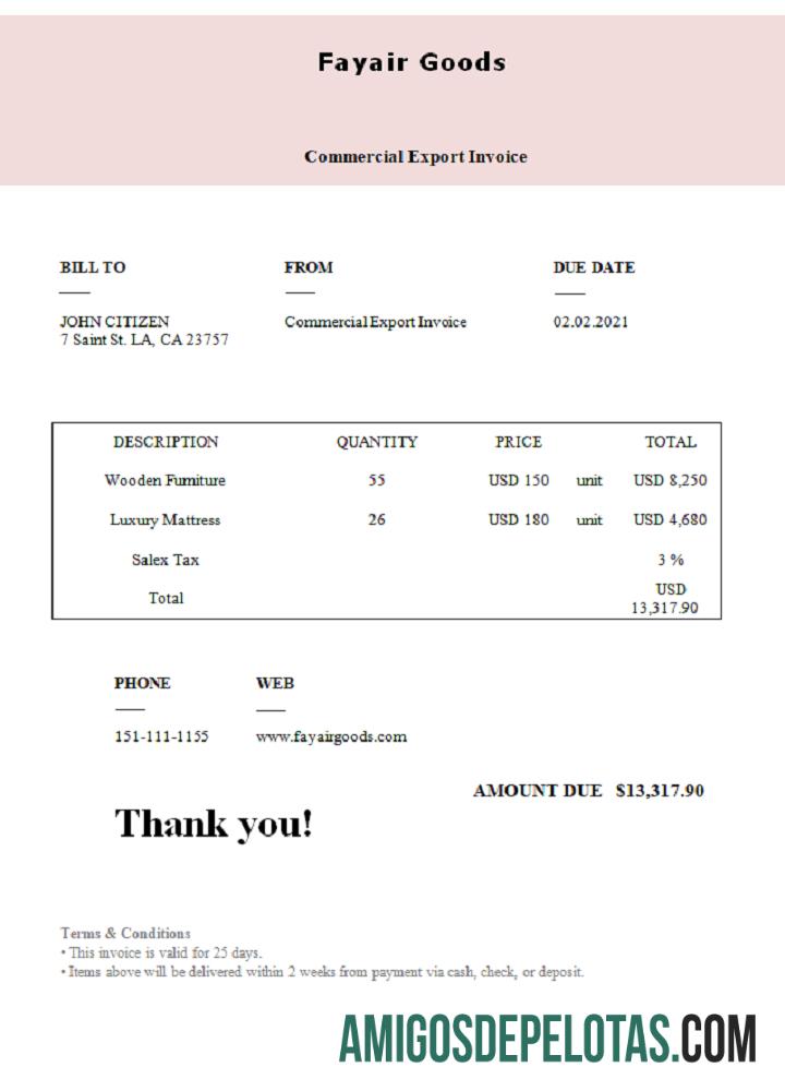 Fatura de mercadorias Fayair dos EUA exemplo